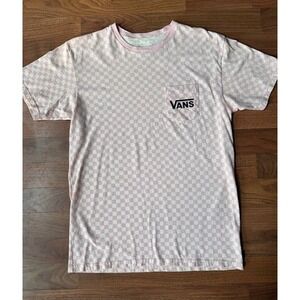 Vans Pink‎ White Short Sleeve Crew Neck T-Shirt Size MED Checkered Check Sleeves